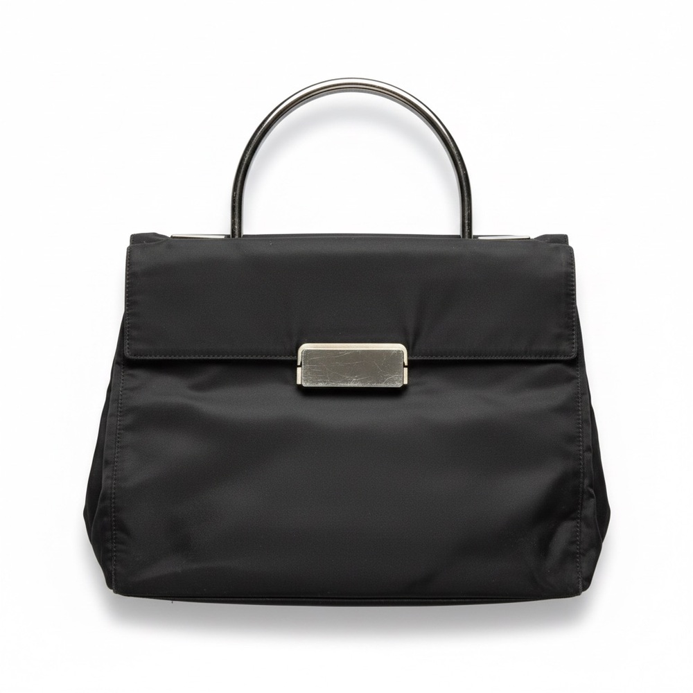 PRADA BLACK METAL HANDLE NYLON SATCHELL TOTE BAG
